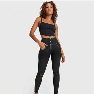 Freddy WRUP Butt Shaping Pants Black Denim Coated Distressed Skinny 10 Moto Jean